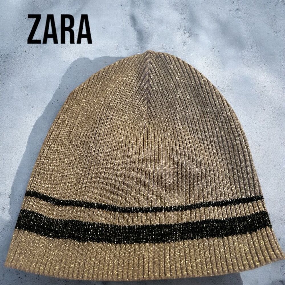 Zara Gold Ribbed Knit Beanie with Black Stripes